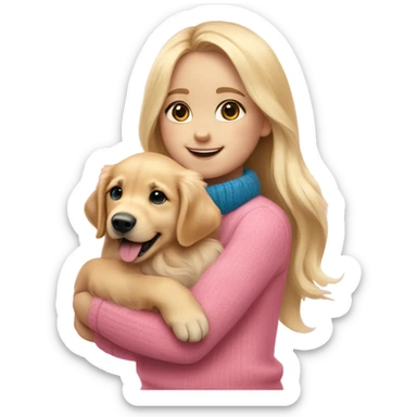 a cheerful baby golden retriever in full height on the side in the arms of a blonde girl with blue eyes in a pink sweater sticker