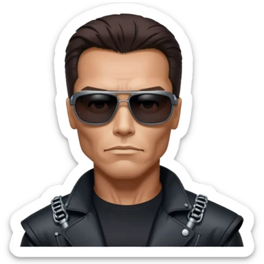 Schwarzenegger-like Terminator, upper body only, wearing his iconic clothes in black (all clothes must be black), looking human but with robotic details, and wearing dark sunglasses, hair must be dark
 sticker
