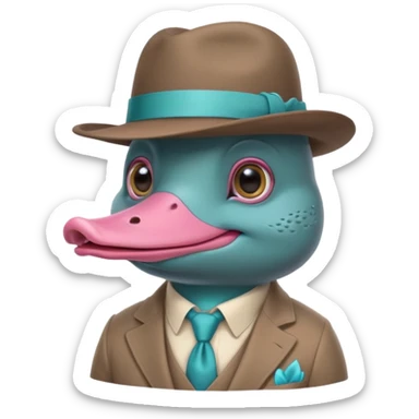 cute light blue turqiouse platypus head, smiling with big eyes with a detective hat and monocle on his eye, no  hands, looks like a platypus but blue, the hat and suit are pink sticker