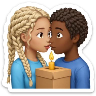 darkskin girl with box braids kissing light skin boy with curly hair sticker
