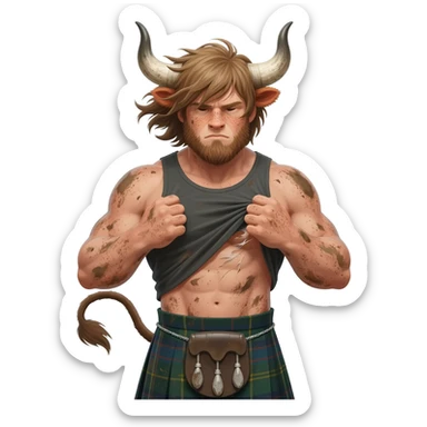 big buff curly hairy man covered in dirt with freckles with messy light brown bangs that covers his face completely with bull horns and bull ears and bull tail dressed in kilt rips his T-shirt apart with wind in his hair sticker