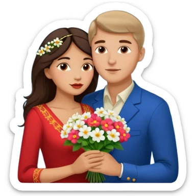 Kissing Couple traveling in Montenegro russian man and elegant  Latina girl delicate flowers and mountains in the background  sticker