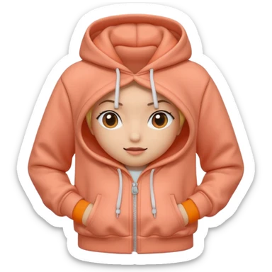 A 3D cartoon peach-coral hoodie with soft folds, drawstrings, and a casual fit, isolated plain background, Memoji-style. sticker