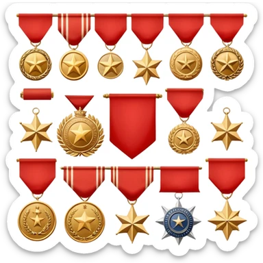 Icon for Collecting Orders, Medals & Badges: a variety of vintage orders, medals and badges, displayed neatly on a big red pennant or in a display case. The icon should reflect the honor and historical significance of these collectible items. Transparent background. sticker