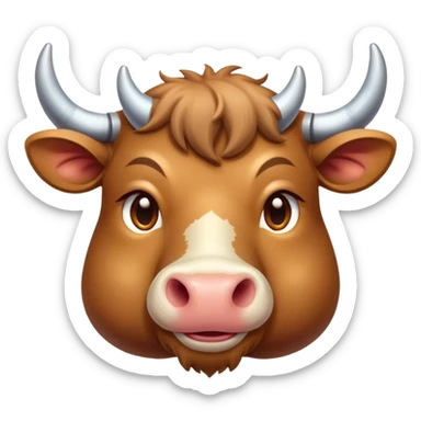Cinematic Cute Domestic Ox Portrait Emoji, Head tilted playfully and inquisitively, with a robust, compact build and a polished hide adorned with subtle natural patterns, round, sparkling eyes full of gentle curiosity, Simplified yet irresistibly adorable features, highly detailed, glowing with a warm, friendly glow, high shine, affectionate and grounded, stylized with a touch of rustic charm, soft glowing outline, capturing the essence of a mischievous yet loving ox that feels like it could amble out of the screen into your arms! sticker
