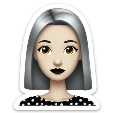 skinny pale goth woman with black straight hair black lips and black polka dot dress sticker