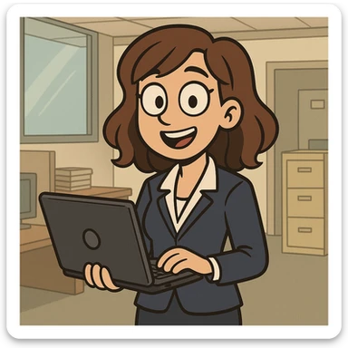 corporate girl, medium length straight wavy hair, cartoon style, holding a laptop, smiling, office background sticker
