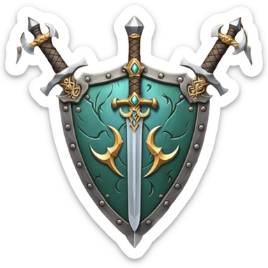  two sword cross, next to or in front of a shield, world of war craft style, elven flare sticker