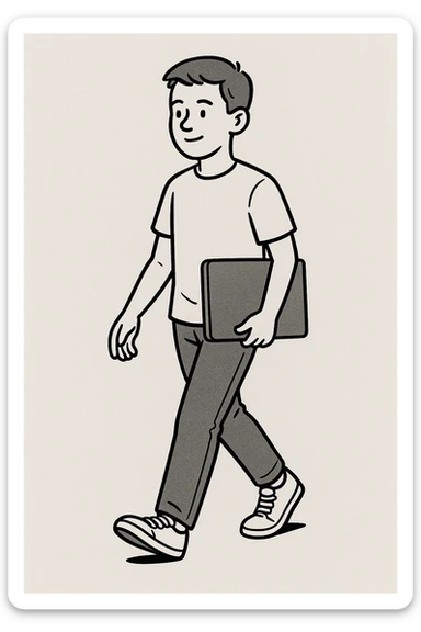 white teenage boy student, short hair, wearing a t-shirt and sneakers, carrying a laptop, simple background sticker