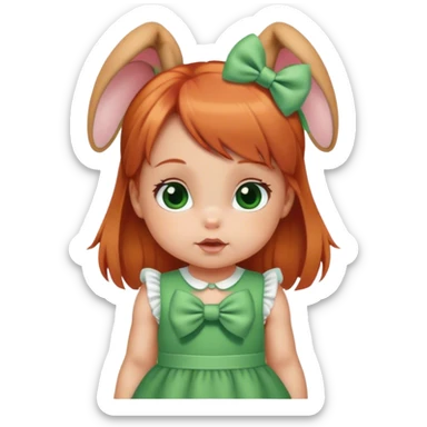 baby girl with  1 bunns bow   red blond mix hair  in green dress  sticker