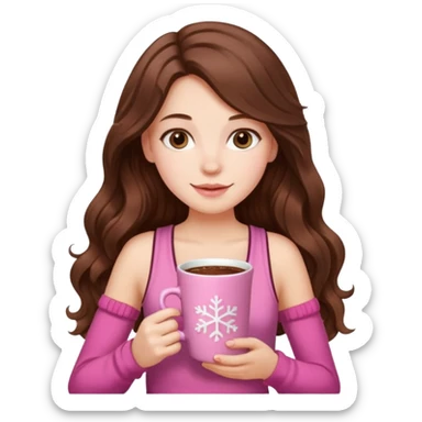 menina branca com cabelos castanhos longos ondulados com xícara rosa na frente com chocolate quente, ela usa blusa de alcinha com estampa de natal sticker