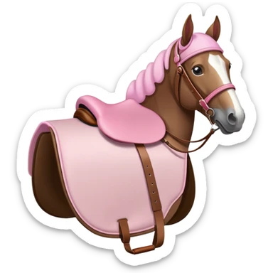 A horse wearing a pink ear bonnet and saddle with a pink saddle pad sticker