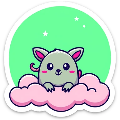celestial pink possum on a cloud, glowing eyes, subtle devil horns, surrounded by pastel stars sticker