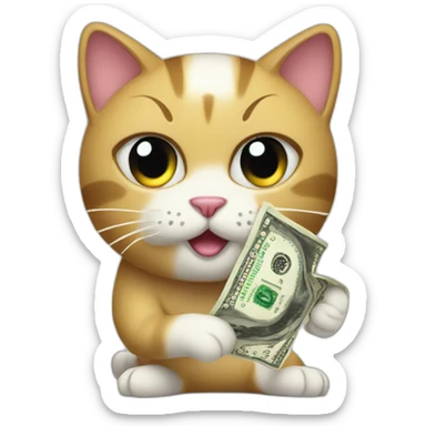 cat with a towel and a dollar bill sticker
