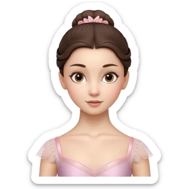 Cinematic Realistic ballerina Portrait, depicted with lifelike skin texture, subtle rosy undertones, and soft natural lighting that enhances the gentle contours of her face. Her intricately detailed sweet brunette hair is elegantly styled, sticker