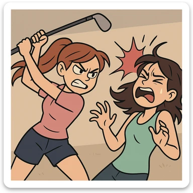 a girl hitting another girl with a golf club, dynamic action scene, expressive faces, cartoon style sticker