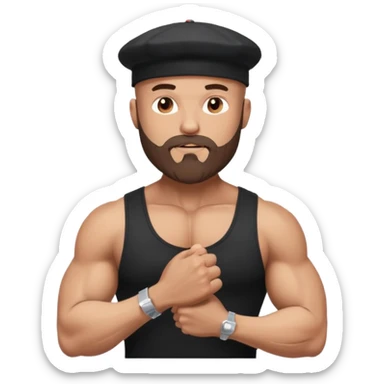 Buff bald bearded guy in black cap flexing, Instagram icon on chest, papers flying around, sparkles, minimal style sticker