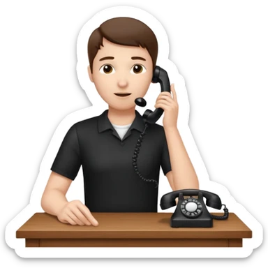 person standing at a desk, holding a telephone receiver to their ear, suggesting a phone call. sticker