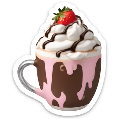 hot chocolate with mug and whip cream and chocolate drizzle and pale pink strawberry sticker