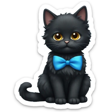 black fluffy cat with a blue bow  sticker