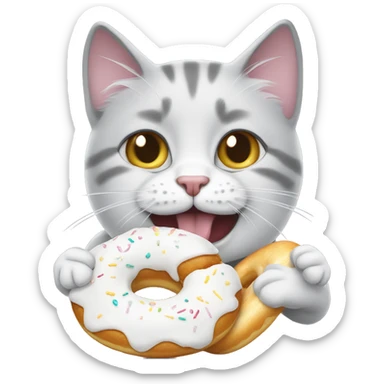 grey-white cat eats white donut sticker