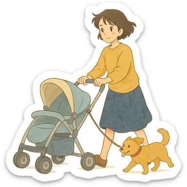 ghibli style girl walking with a stroller and dog on a leash, soft colors sticker