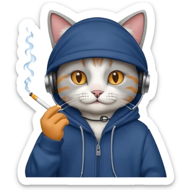 cat in headphones, in a dark-blue oversized hoodie with a cigarette in his hand  sticker