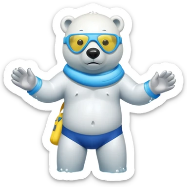 friendly anthropomorphised polar bear standing in a small puddle, wearing baggy board shorts, inflatable swimming armbands, scuba mask over eyes sticker