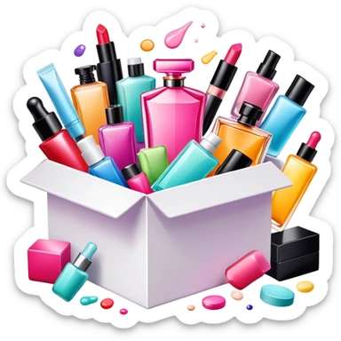 an opened box with colorful makeup, skincare bottles, and perfume spilling out sticker