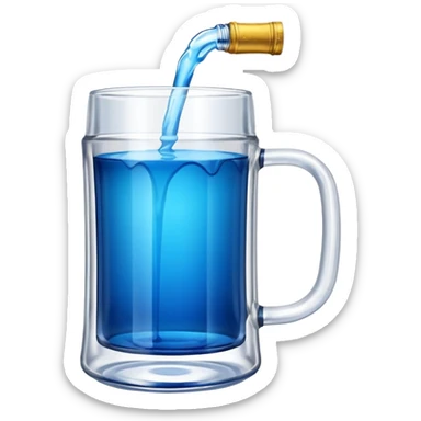 Large clear glass mug similar to beer stein with bright blue liquid inside. Put an upside down redbull can sticking out of the top of the mug only one handle. Put the can partially in the liquid  sticker