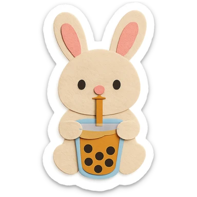 bubble tea bunny sipping boba with both paws, paper-craft style sticker