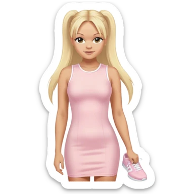 Emma Bunton with long blonde ponytails wearing light pink bodycon dress with white platform sneakers sticker