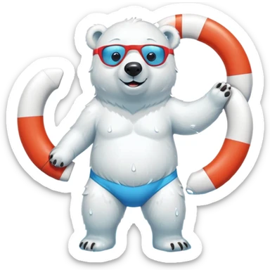 full body friendly anthropomorphised polar bear smiling, wearing colorful swim shorts and swim goggles, standing in a small puddle, holding a red and white life buoy sticker