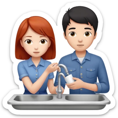 asian black haired boy fixes sink for redhead girlfriend sticker