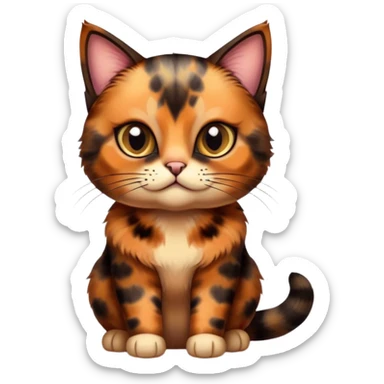 Cinematic Cute Tortoiseshell Cat Portrait Emoji, Head cocked sweetly with bright, curious eyes and a cuddly, mottled fur of rich browns and blacks, simplified yet charmingly adorable, highly detailed, glowing with a warm, gentle radiance, high shine, playful and endearing, styled with a dash of whimsical feline magic, soft glowing outline, capturing the essence of a cute tortoiseshell cat that seems ready to pounce with affectionate mischief! sticker