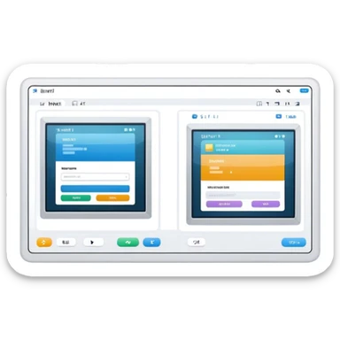 Create an emoji for UX/UI design. Show a program interface with two windows: one displaying HTML code, and the other showing the completed web interface. Use modern, professional colors. Do not include any emojis or smiley faces. Make the background transparent. sticker