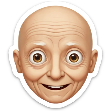 A bald person who’s very old is staring, head upright and looking at the camera with very wide eyes and a massive smile, in a very creepy way. sticker