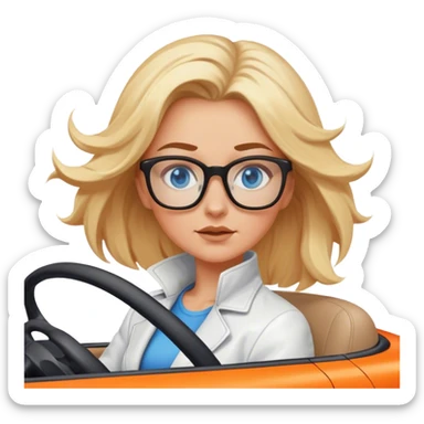 A cinematic realistic blonde with blue eyes and glasses, wearing a white jacket, is driving an orange car, her hair is slightly blowing in the wind sticker