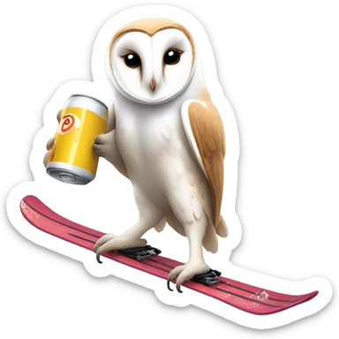 Barn owl skiing while holding a beer sticker