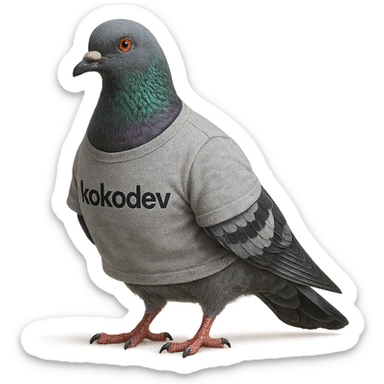 a photo-realistic pigeon with a t-shirt labeled 'kokodev', detailed feathers and fabric, natural colors sticker