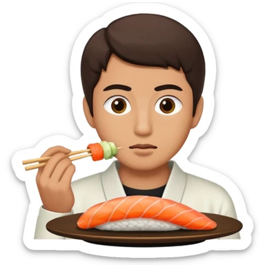Man with small eyes eating sushi sticker