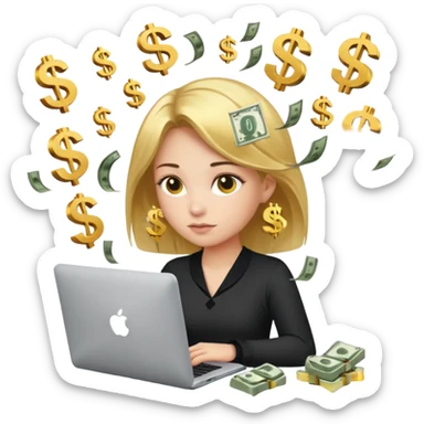 Girl who is trading options on her computer with $ signs in air sticker