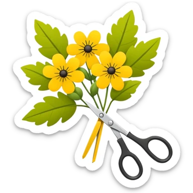 Minimalistic flat vector icon, iOS style, thin black contour on white background. Flower bouquet with leaves and scissors. No text, no shadows. sticker
