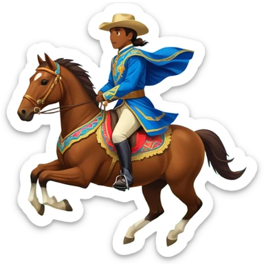 An icon showcasing a blue sky, distant mountains and a vibrant landscape. a majestic horse and rider in full gallop across a lush green field. The rider wears traditional gear, while the horse leaps with grace and power.  sticker