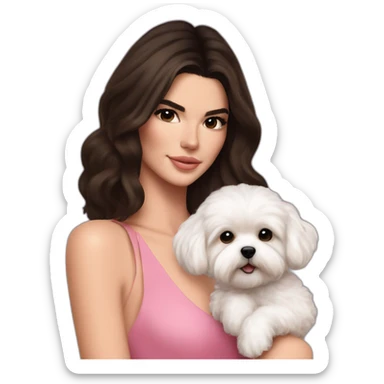 brunette Kendall Jenner with long hair holding white maltipoo in pink dress sticker
