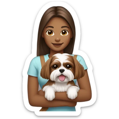 girl carrying happy brown and White shih tzu dog sticker