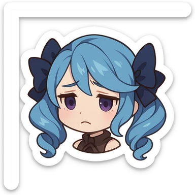 Gwen from League of Legends, chibi style, just the head, right eye purple, sad expression sticker