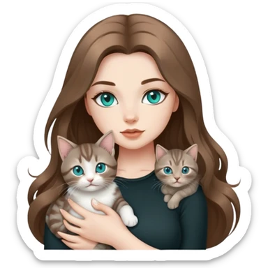 Hot curvy woman, teal eyes, long hair, with super cute kitten, she is white with brown hair, black top, the cat is a brown and grey tabby sticker