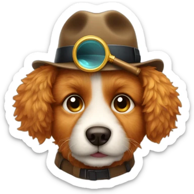 fluffy ginger dog with a detective's hat and magnifying glass sticker