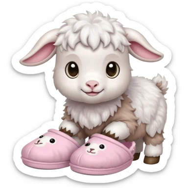 a baby goat emoji wearing pastel pink chunky slippers sticker